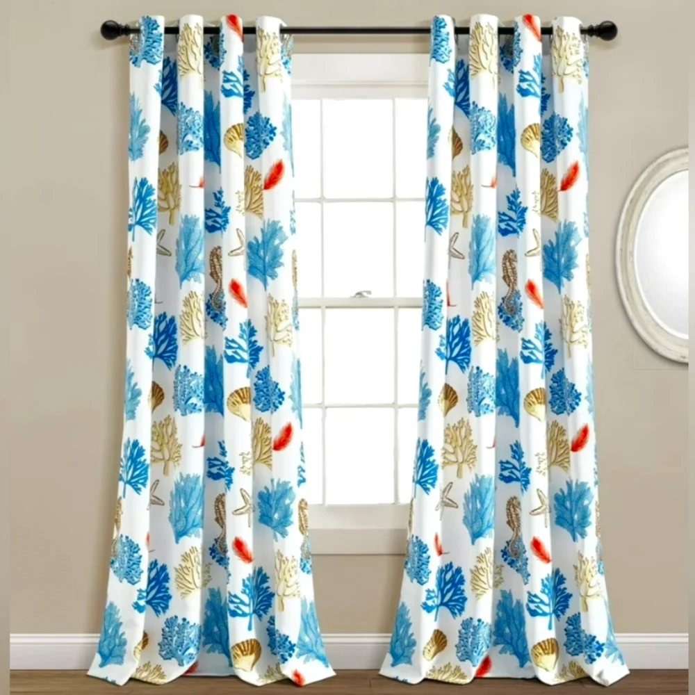 LUSH DECOR Coastal Reef Feather Window Panels Light Filtering Blue/Coral 52x84in
